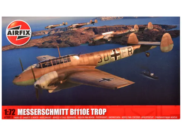 Level 2 Model Kit Messerschmitt Bf110E/E-2 TROP Fighter Aircraft with 2 Scheme Options 1/72 Plastic Model Kit by Airfix #1