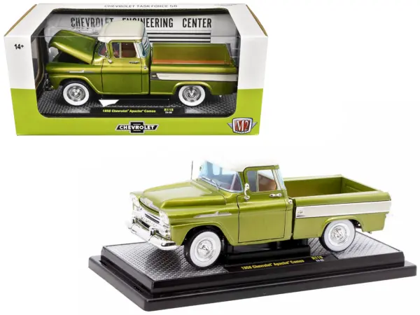 1958 Chevrolet Apache Cameo Pickup Truck Olive Green Metallic with Wimbledon White Top Limited Edition to 6250 pieces Worldwide 1/24 Diecast Model Car by M2 Machines #1