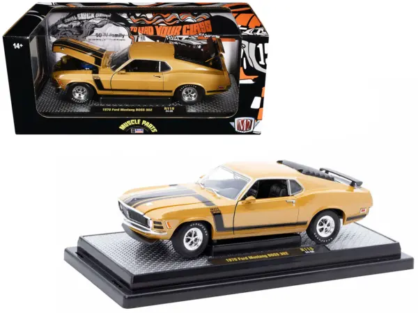 1970 Ford Mustang BOSS 302 Gold Metallic with Black Stripes Limited Edition to 6250 pieces Worldwide 1/24 Diecast Model Car by M2 Machines #1
