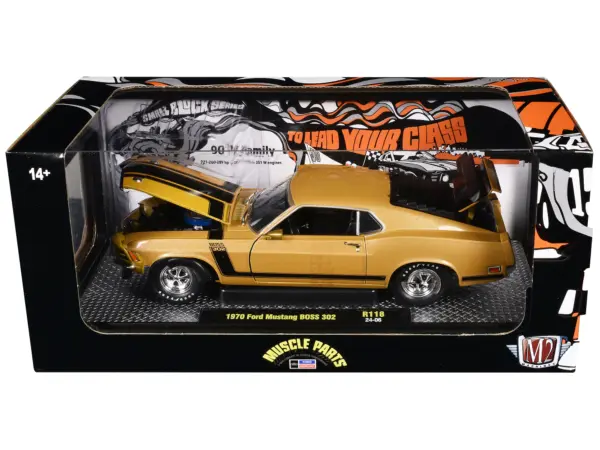 1970 Ford Mustang BOSS 302 Gold Metallic with Black Stripes Limited Edition to 6250 pieces Worldwide 1/24 Diecast Model Car by M2 Machines #3