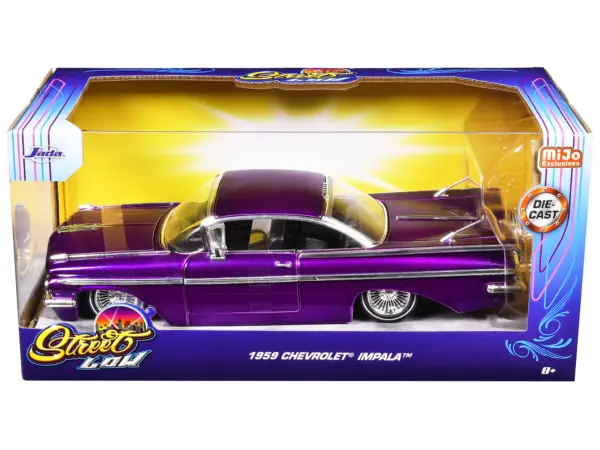 1959 Chevrolet Impala Lowrider Candy Purple with Wire Wheels "Street Low" Series 1/24 Diecast Model Car by Jada #3