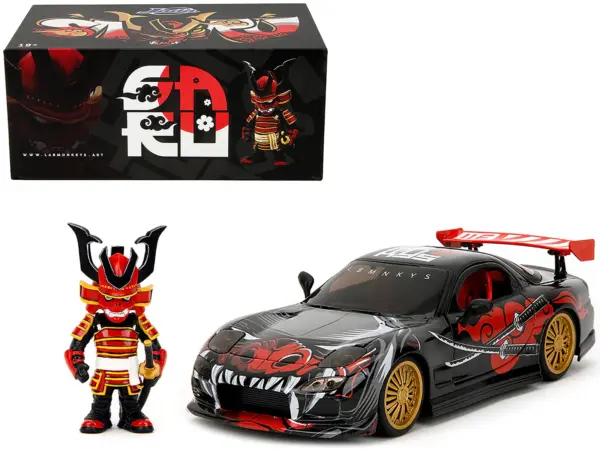 1993 Mazda RX-7 Black with Graphics "Lab Monkeys" with Saru Diecast Figure "Hollywood Rides" Series 1/24 Diecast Model Car by Jada #1