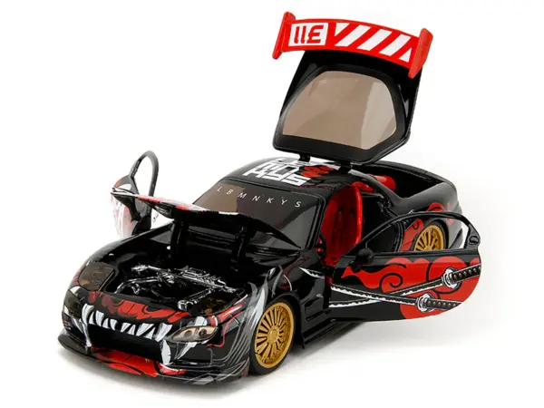 1993 Mazda RX-7 Black with Graphics "Lab Monkeys" with Saru Diecast Figure "Hollywood Rides" Series 1/24 Diecast Model Car by Jada #2