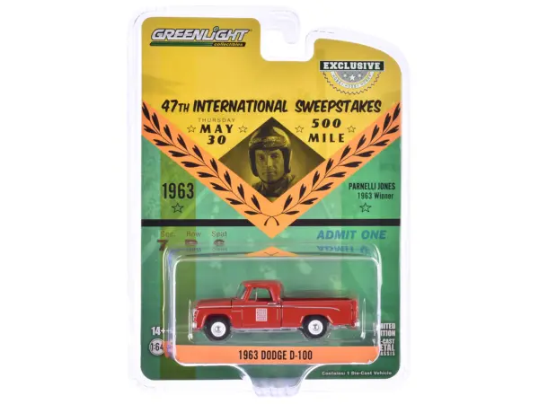 1963 Dodge D-100 Pickup Truck "47th International 500 Mile Sweepstakes - Indianapolis 500 Official Truck" Red "Hobby Exclusive" Series 1/64 Diecast Model Car by Greenlight #3