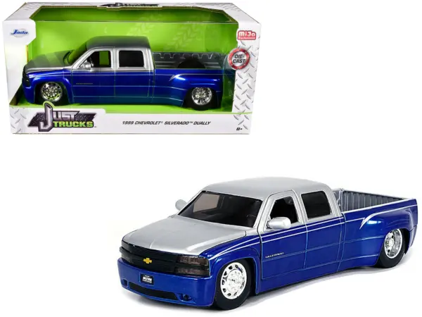 1999 Chevrolet Silverado Dually Pickup Truck Blue Metallic and Silver with Stock Wheels "Just Trucks" Series 1/24 Diecast Model Car by Jada #1