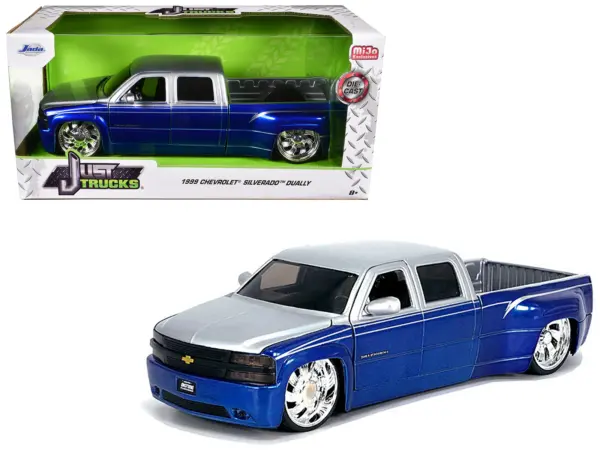 1999 Chevrolet Silverado Dually Pickup Truck Blue Metallic and Silver with Custom KMC Wheels "Just Trucks" Series 1/24 Diecast Model Car by Jada #1