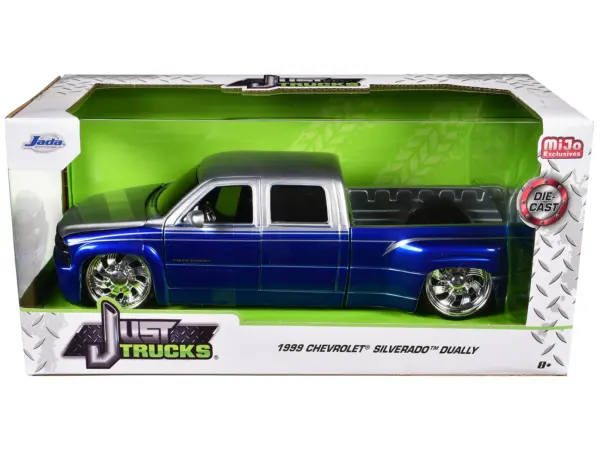 1999 Chevrolet Silverado Dually Pickup Truck Blue Metallic and Silver with Custom KMC Wheels "Just Trucks" Series 1/24 Diecast Model Car by Jada #3