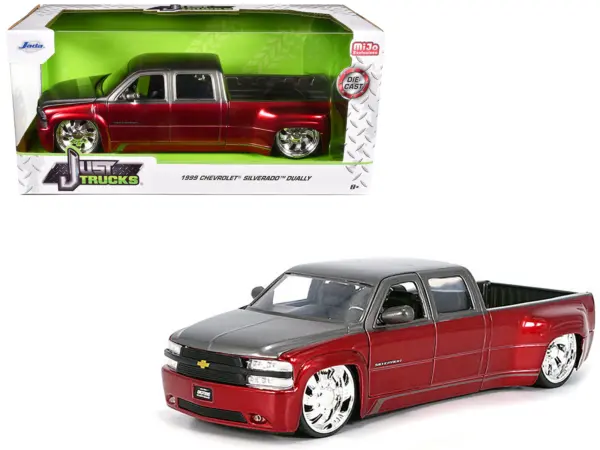 1999 Chevrolet Silverado Dually Pickup Truck Red Metallic and Gray with Custom KMC Wheels "Just Trucks" Series 1/24 Diecast Model Car by Jada #1