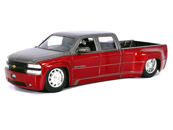 1999 Chevrolet Silverado Dually Pickup Truck Red Metallic and Gray with Stock Wheels "Just Trucks" Series 1/24 Diecast Model Car by Jada #2