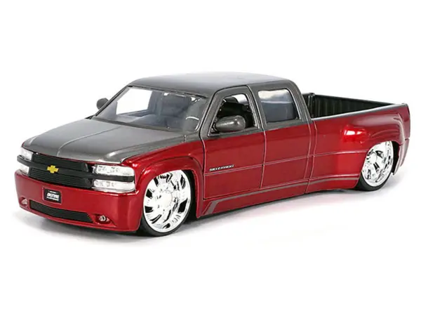 1999 Chevrolet Silverado Dually Pickup Truck Red Metallic and Gray with Custom KMC Wheels "Just Trucks" Series 1/24 Diecast Model Car by Jada #2