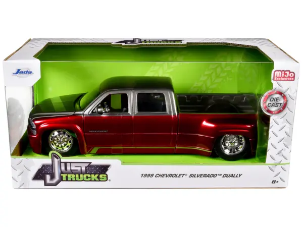 1999 Chevrolet Silverado Dually Pickup Truck Red Metallic and Gray with Stock Wheels "Just Trucks" Series 1/24 Diecast Model Car by Jada #3