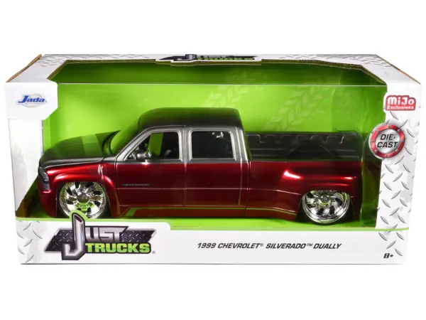 1999 Chevrolet Silverado Dually Pickup Truck Red Metallic and Gray with Custom KMC Wheels "Just Trucks" Series 1/24 Diecast Model Car by Jada #3