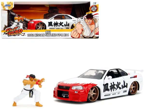 2002 Nissan Skyline GT-R (R34) RHD (Right Hand Drive) White with Red Graphics and Ryu Diecast Figure "Street Fighter" Video Game "Anime Hollywood Rides" Series 1/24 Diecast Model Car by Jada #1