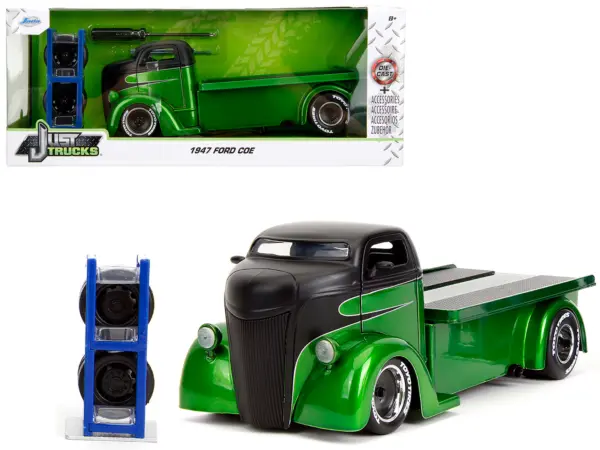 1947 Ford COE Flatbed Truck Green Metallic and Matt Black "Toyo Tires" with Extra Wheels "Just Trucks" Series 1/24 Diecast Model Car by Jada #1