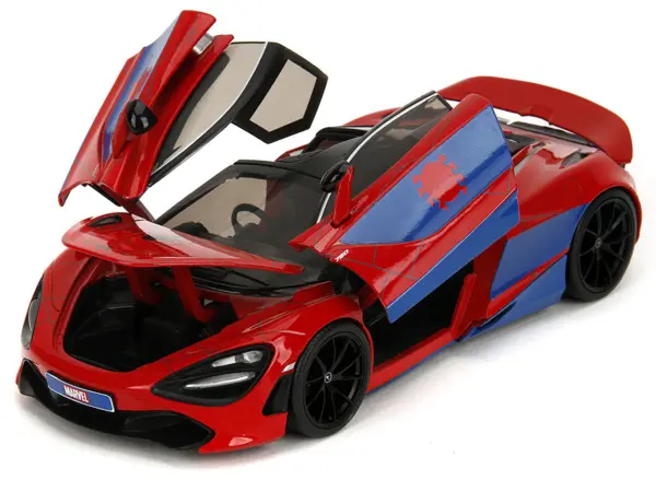 McLaren 720S Red and Blue with Black Top and Graphics and Spider-Man Diecast Figure "Marvel Spider-Man" "Hollywood Rides" Series 1/24 Diecast Model Car by Jada #2