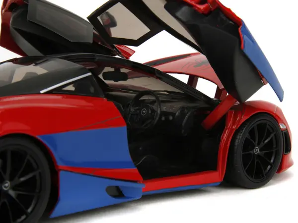 McLaren 720S Red and Blue with Black Top and Graphics and Spider-Man Diecast Figure "Marvel Spider-Man" "Hollywood Rides" Series 1/24 Diecast Model Car by Jada #3