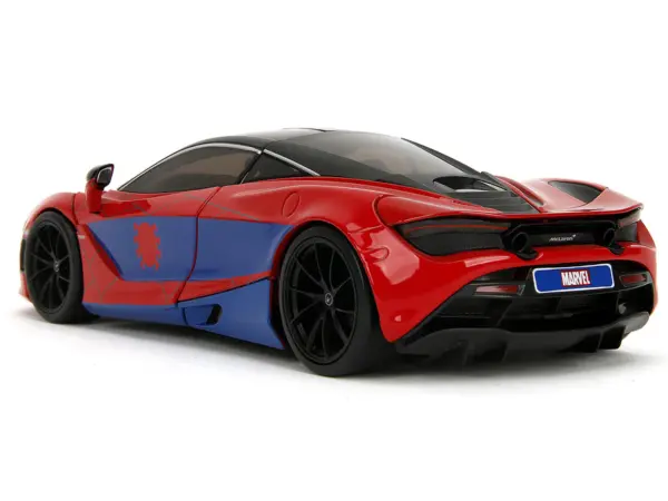 McLaren 720S Red and Blue with Black Top and Graphics and Spider-Man Diecast Figure "Marvel Spider-Man" "Hollywood Rides" Series 1/24 Diecast Model Car by Jada #5