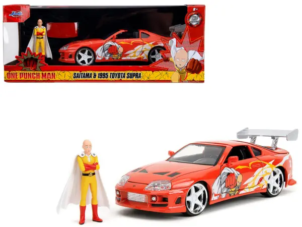1995 Toyota Supra Red with Graphics and Saitama Diecast Figure "One Punch Man" (2015-2019) TV Series 1/24 Diecast Model by Jada #1