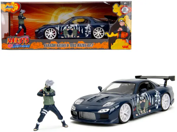 1993 Mazda RX-7 Dark Blue with Graphics and Kakashi Hatake Diecast Figure "Naruto Shippuden" (2009-2017) TV Series "Anime Hollywood Rides" Series 1/24 Diecast Model Car by Jada #1