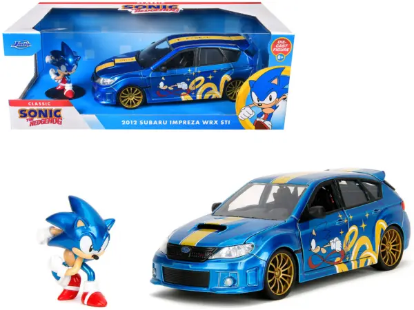 2012 Subaru Impreza WRX STI Blue Metallic with Graphics and Sonic The Hedgehog Diecast Figure "Sonic The Hedgehog" "Hollywood Rides" Series 1/24 Diecast Model Car by Jada #1