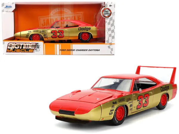 1969 Dodge Charger Daytona #33 Red and Gold Metallic with Graphics "Bigtime Muscle" Series 1/24 Diecast Model Car by Jada #1