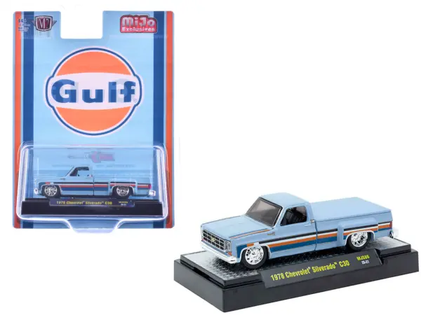 1978 Chevrolet Silverado 30 Pickup Truck "Gulf Oil" Light Blue with Stripes Limited Edition to 10560 pieces Worldwide 1/64 Diecast Model Car by M2 Machines #1