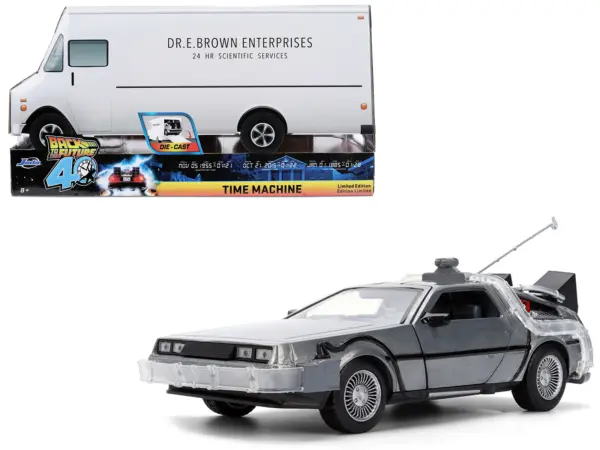 DeLorean Brushed Metal Time Machine with Lights "Back to the Future" (1985) Movie "40th Anniversary" Special Packaging "Hollywood Rides" Series 1/24 Diecast Model Car by Jada #1