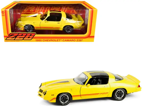 1980 Chevrolet Camaro Z28 with T-Tops Bright Yellow with Stripes 1/18 Diecast Model Car by Greenlight #1