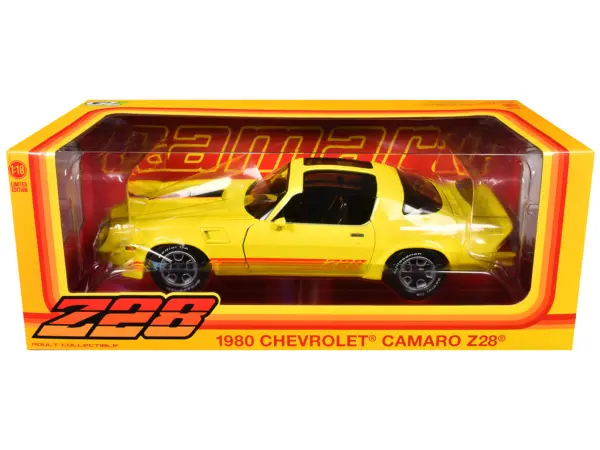 1980 Chevrolet Camaro Z28 with T-Tops Bright Yellow with Stripes 1/18 Diecast Model Car by Greenlight #3