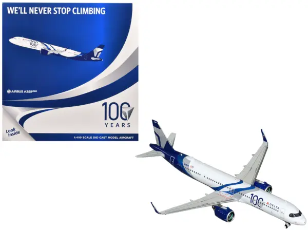 Airbus A321neo Commercial Aircraft "Delta Air Lines 100 Years" (N589DT) White and Blue with Stripes 1/400 Diecast Model Airplane by GeminiJets #1