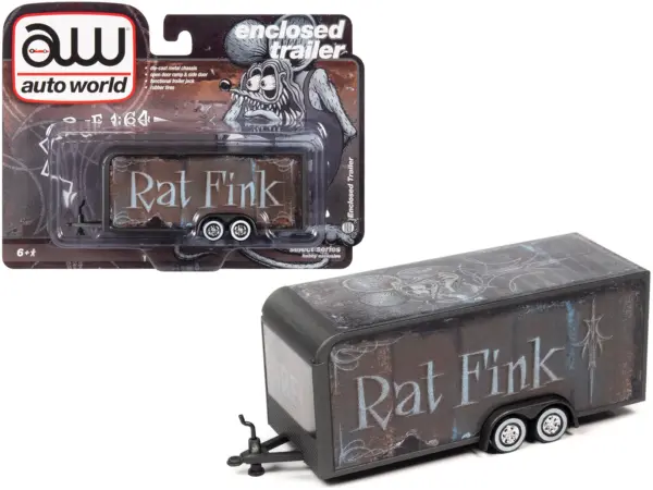 4-Wheel Enclosed Car Trailer Dark Gray with Graphics "Rat Fink" 1/64 Diecast Model by Auto World #1