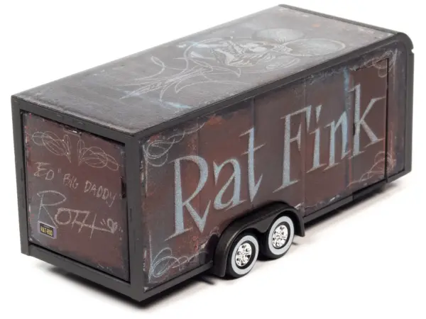 4-Wheel Enclosed Car Trailer Dark Gray with Graphics "Rat Fink" 1/64 Diecast Model by Auto World #3