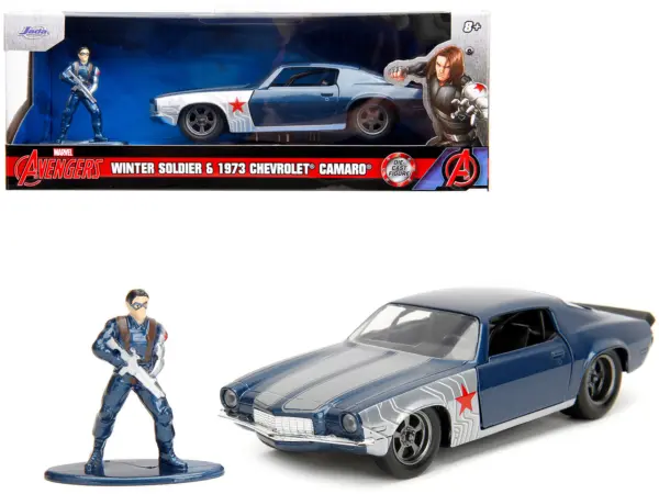 1973 Chevrolet Camaro Dark Blue Metallic with Gray Stripes and Winter Soldier Diecast Figure "Marvel Avengers" "Hollywood Rides" Series 1/32 Diecast Model Car by Jada #1