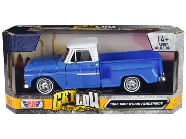 1966 GMC C1000 Fenderside Pickup Truck Lowrider Blue with White Top "Get Low" Series 1/24 Diecast Model Car by Motormax #1