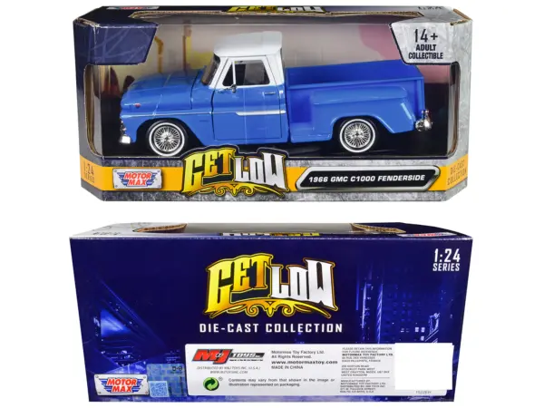 1966 GMC C1000 Fenderside Pickup Truck Lowrider Blue with White Top "Get Low" Series 1/24 Diecast Model Car by Motormax #3