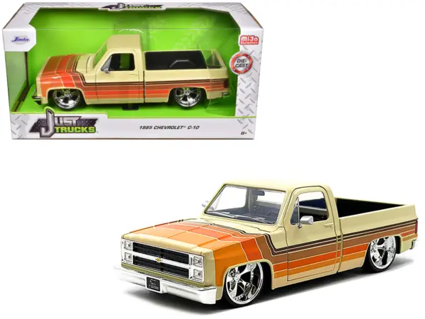 1985 Chevrolet C-10 Pickup Truck Beige with Stripes and Cartelli Wheels "Just Trucks" Series 1/24 Diecast Model Car by Jada #1