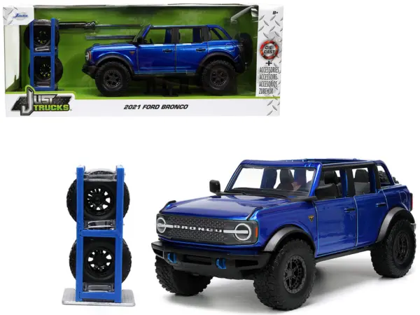 2021 Ford Bronco Open-Top Candy Blue Metallic with Extra Wheels "Just Trucks" Series 1/24 Diecast Model Car by Jada #1