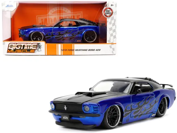 1970 Ford Mustang Boss 429 Black and Blue Metallic with Flames "Bigtime Muscle" Series 1/24 Diecast Model Car by Jada #1