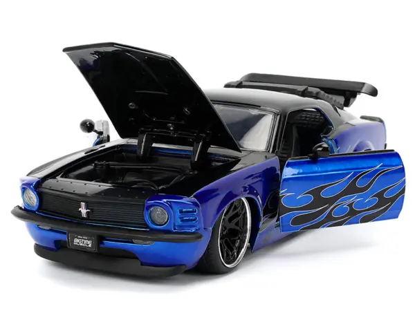 1970 Ford Mustang Boss 429 Black and Blue Metallic with Flames "Bigtime Muscle" Series 1/24 Diecast Model Car by Jada #2