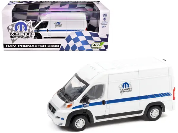 2018 RAM ProMaster 2500 Cargo High Roof Van "MOPAR Performance" White with Blue Stripes 1/43 Diecast Model Car by Greenlight #1