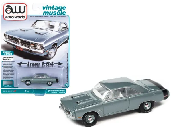 1971 Dodge Dart Swinger 340 Special Light Gunmetal Gray Metallic with Black Tail Stripe "Vintage Muscle" Limited Edition 1/64 Diecast Model Car by Auto World #1