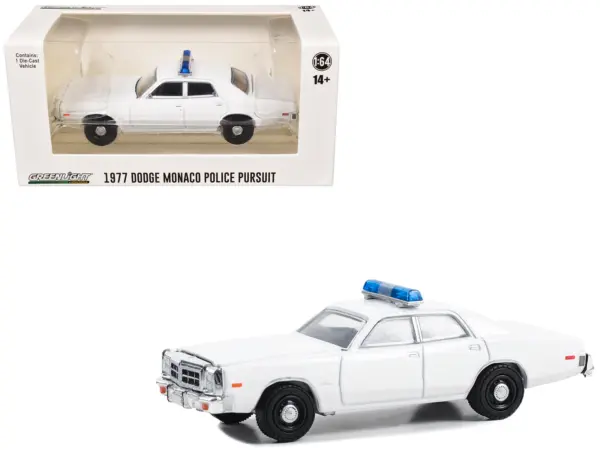 1977-78 Dodge Monaco Police Pursuit White with Light Bar "Hot Pursuit - Hobby Exclusive" Series 1/64 Diecast Model Car by Greenlight #1