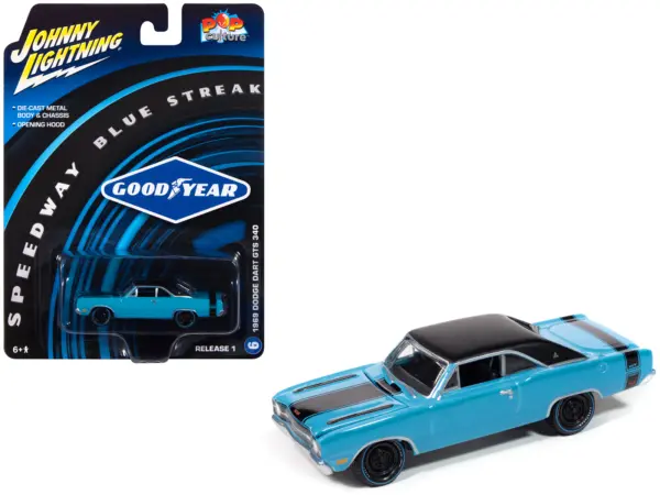 1969 Dodge Dart GTS 340 Blue with Black Top and Stripes "Goodyear Blue Streak" "Pop Culture" 2025 Release 1 1/64 Diecast Model Car by Johnny Lightning #1