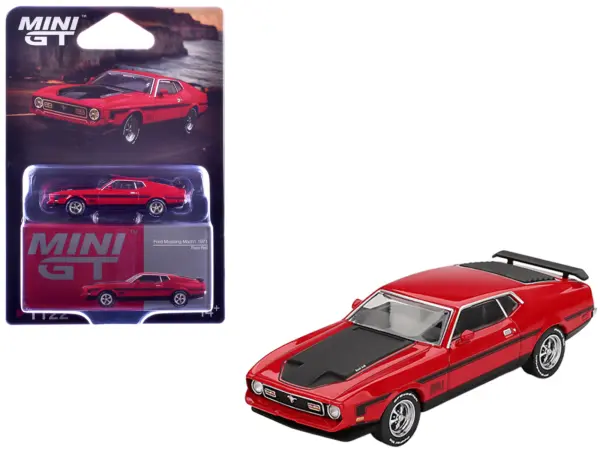 1971 Ford Mustang Mach 1 Race Red with Black Hood and Stripes Limited Edition 1/64 Diecast Model Car by Mini GT #1