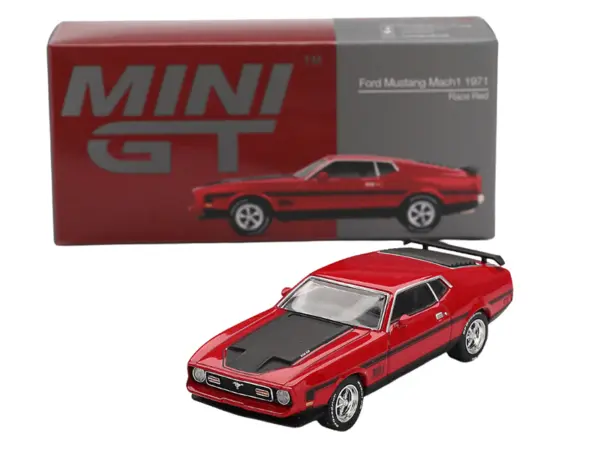1971 Ford Mustang Mach 1 Race Red with Black Hood and Stripes Limited Edition 1/64 Diecast Model Car by Mini GT #4