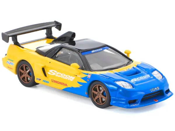 Honda NSX-R GT RHD (Right Hand Drive) "Spoon Sports" Blue and Yellow with Black Top 1/64 Diecast Model Car by Pop Race #5