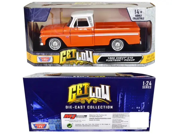 1966 Chevrolet C10 Fleetside Pickup Truck Lowrider Orange Metallic with White Top "Get Low" Series 1/24 Diecast Model Car by Motormax #3