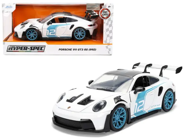 Porsche 911 GT3 RS (992) #12 White with Blue Stripes and Carbon Top "Hyper-Spec" Series 1/24 Diecast Model Car by Jada #1