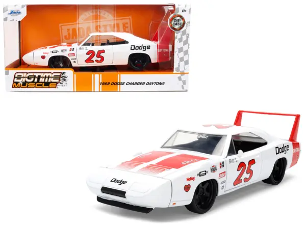 1969 Dodge Charger Daytona #25 White with Red Stripes "Bigtime Muscle" Series 1/24 Diecast Model Car by Jada #1