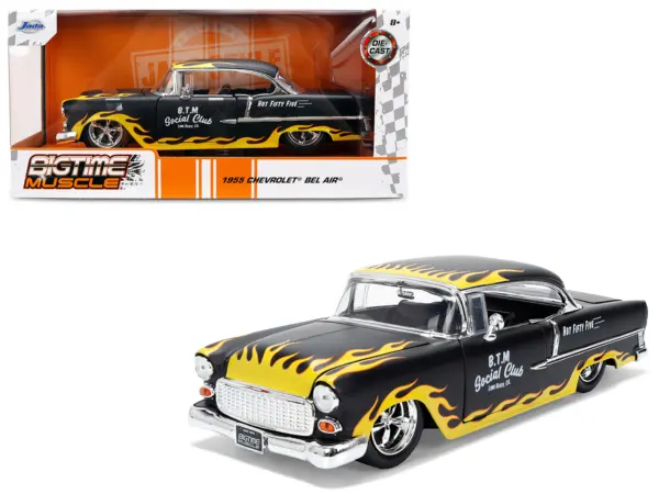 1955 Chevrolet Bel Air "BTM Social Club" Matt Black with Flames "Bigtime Muscle" Series 1/24 Diecast Model Car by Jada #1